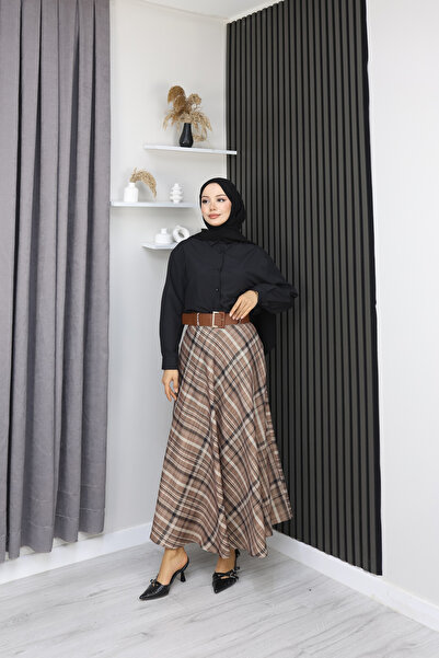 Grosh Fashion Ekose Desenli Uzun Etek – Kemer Detaylı