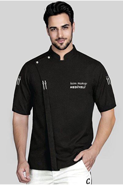 Üniformanya İsim Hediyeli Kısa Kollu Prestij Chef Profesyonel Aşçı Ceketi Siyah