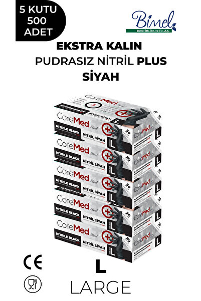 COREMED Ekstra Kalın Nitril Siyah Plus Muayene Eldiveni L - 5 Paket 50'li