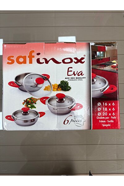 SAFINOX Eva 3'lü Çelik Sahan Seti (6 Parça Omlet Takımı) - Cam Kapaklı Kırmız...