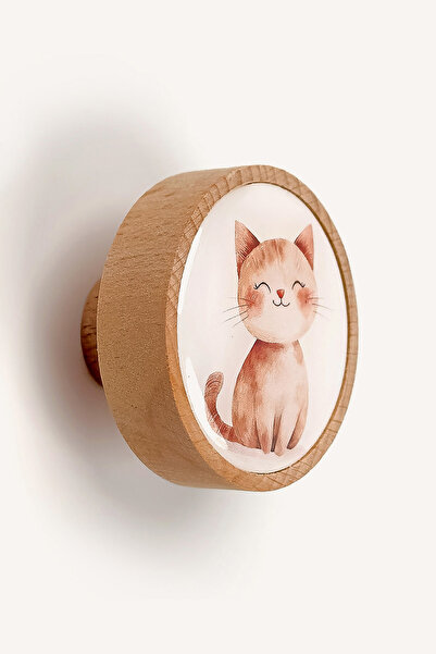 Kulpingo Turuncu Kedi Figürlü Ahşap Çocuk Odası Kulp