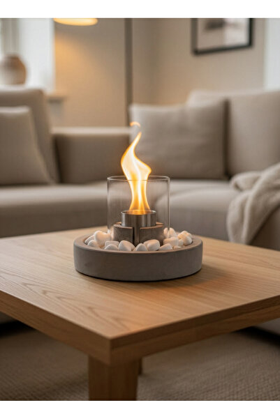 ZURİ DESİGN Beton Masaüstü Şömine – Dumansız Dekoratif Taşlı Biyoetanol Şömin...