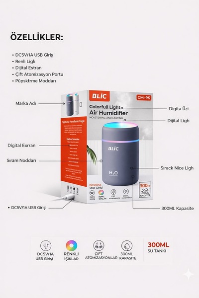 Blic Al-NET 300mL Kapasiteli RGB Aydınlatmalı Hava Nemlendirici