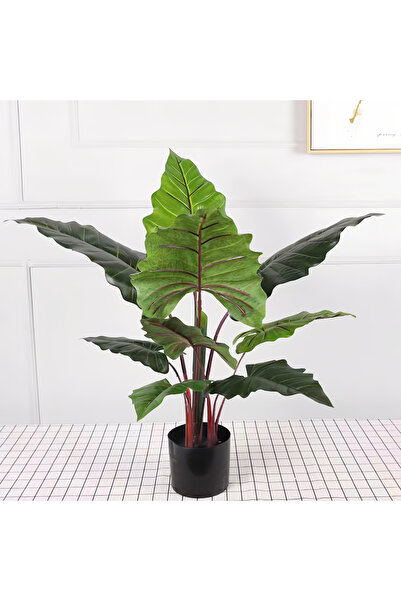 sharpdo Artificial Green Plant Rainbow Taro Potted Plant, With Black Flower P...