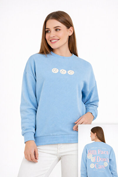 Polo State Women's Printed Crew Neck Long Sleeve Regular Fit Blue Sweatshirt
