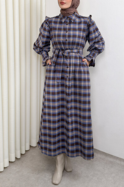 Salih Çelebi Belted Plaid Dress 0066 - Dark Blue