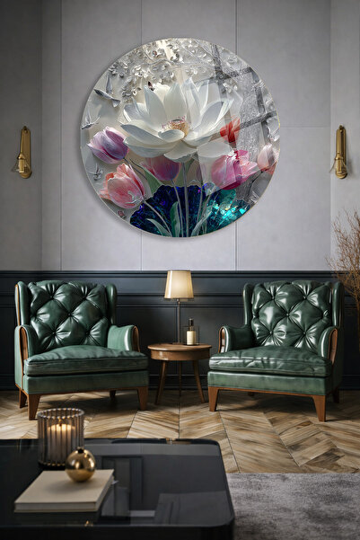 TAULART White Lotus and Colorful Flower Modern Unbreakable Glass Painting Ult...