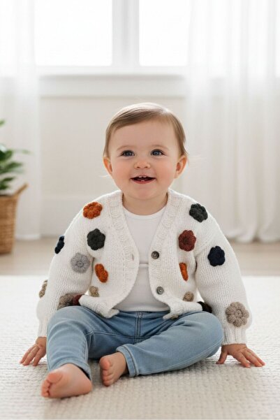 Uretti - Kadir 7704 1520 Hand Knitted Floral White Baby Girl Cardigan / 1 - 2...