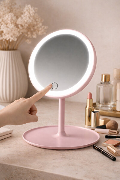 DİVAYS Pembe/Beyaz LED Işıklı USB Şarjlı Dokunmatik Ayarlı Masaüstü Makyaj Ay...