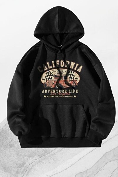 NO 601 Men's Black Hooded California Car Printed Sweatshirt