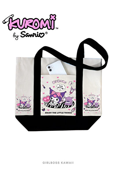 Girlboss Kawaii Kuromi Large Canvas Bag with Pockets / Shopping, Sports, Beac...