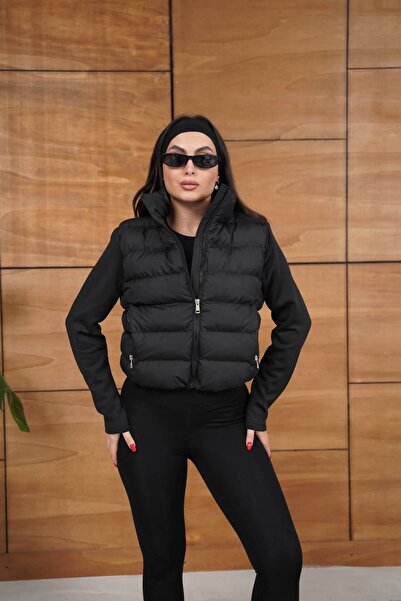 VESS MODA Crop Model Inflatable Coat with Scuba Fabric Detail on the Sleeves