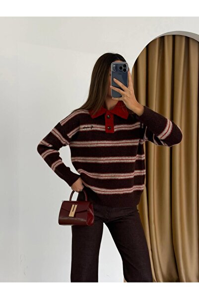 Coral Collared Heart Embroidered Striped Sweater 7790 Beige - Brown