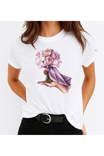 OEM Tricou de bumbac pentru femei cu buchet de flori