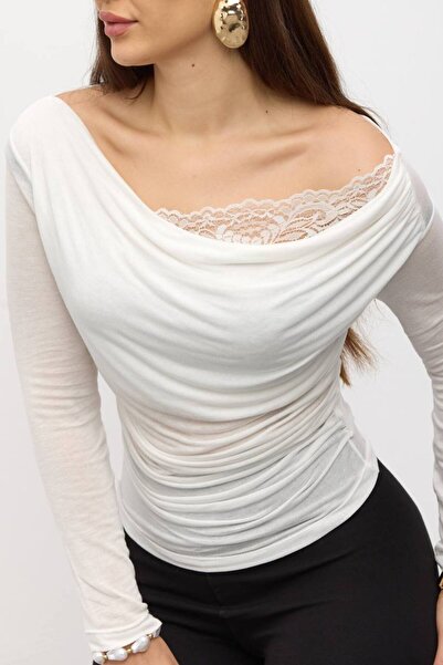 ÇEÇİM Bluză cu mânecă lungă și decolteu barcă, detaliată, pentru femei dantel...