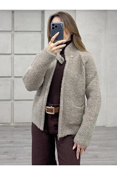 Coral Dik Yaka Fermuarlı Peluş Hırka 3184 Vizon