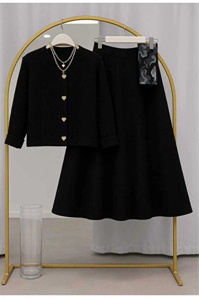 modapark.ist Women's Heart Pattern Knitwear Cardigan and Scuba Skirt Set