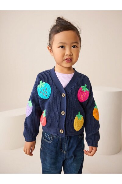 Next Baby 100% Cotton Navy Blue Strawberry Patterned V-Neck Cardigan