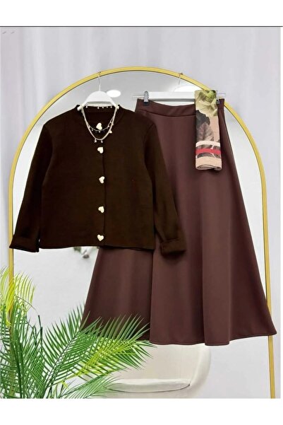 modapark.ist Women's Heart Pattern Knitwear Cardigan and Scuba Skirt Set