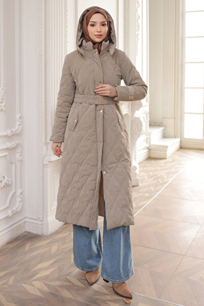 İmajButik Beige Plus Size Quilted Coat with Snap Buttons