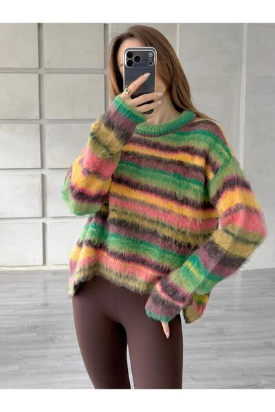 Coral Yatay Renkli Çizgili Kazak 3162 Yeşil - Sarı