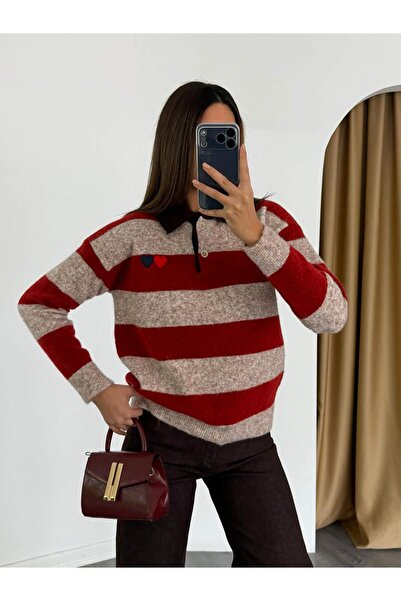Coral Collared Heart Embroidered Striped Sweater 7790 Beige - Red