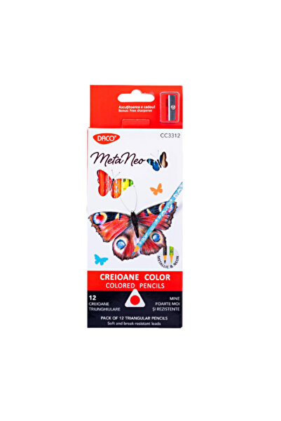 daço Creioane colorate, set de 12 culori, cu ascuțitoare, Meta Neo, Daco