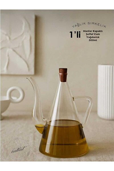 BATBAT 500ml Mantar Kapaklı Şeffaf Cam İbrik Yağdanlık Tasarım Borosilikat Ca...