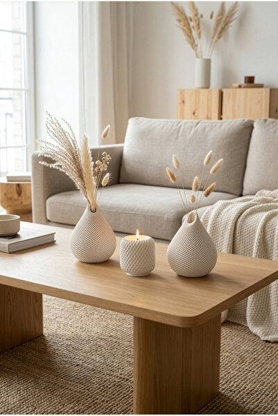 ZURİ DESİGN Bohem Damla Şekilli Beton Vazo Seti - Beyaz File Dokulu Modern De...