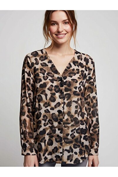 rengamoda Women's two-thread fabric leopard pattern buttoned blouse