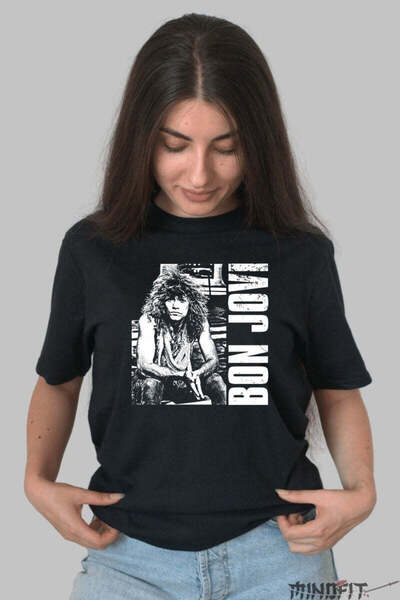 GILDAN Tricou Rock Bon Jovi Black White Portrait Dama