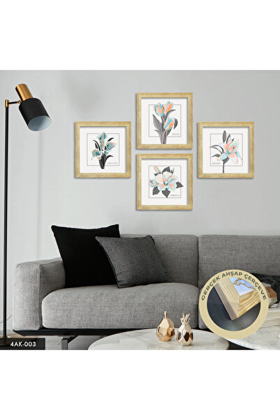 Evinemoda Çiçek Temalı 4 Parçalı Ahşap Çerçeveli Tablo