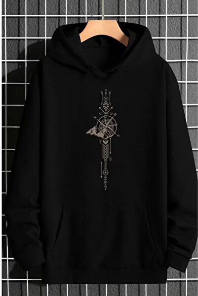 NO 601 Men's Black Hooded Compass Printed Sweatshirt