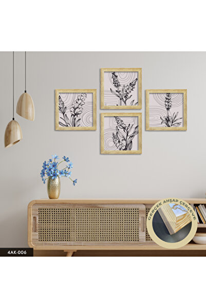 Evinemoda Soyut Çiçekler Temalı 4 Parçalı Ahşap Çerçeveli Tablo