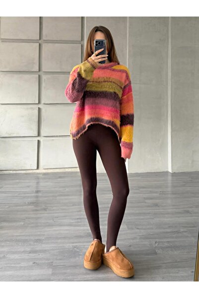 Coral Yatay Renkli Çizgili Kazak 3162 Fuşya - Sarı