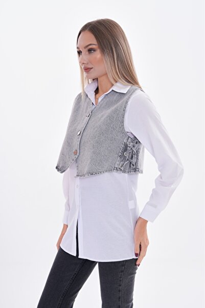 THE WOOW Women's Stonewashed Gray Side Adjustable Buttoned Crop Jean Vest