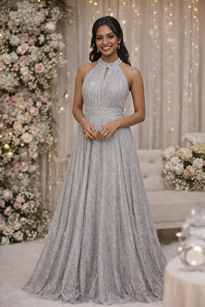 dml giyim Boyundan bağlamalı simli pullu elbise