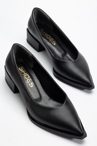 ELEVAM Skin Leather Thick Short Heels Pointed Toe Stiletto Heels Women's Shoes