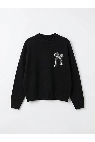 LC Waikiki Lcw Comfort Black Crew Neck Bow Embroidered Women's Knitwear Sweater