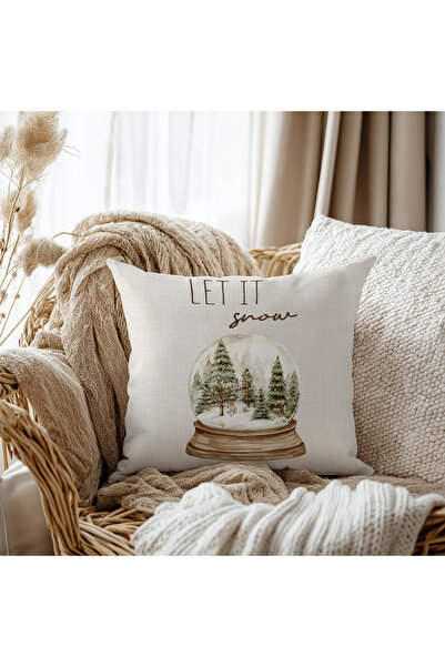 Evmila Husă de pernă cu model Glob de zăpadă Let It Snow - Catifea crem, impr...