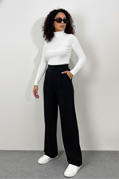 İMVAGO Kadın Likralı Cırt Kapama Siyah Palazzo Pantolon