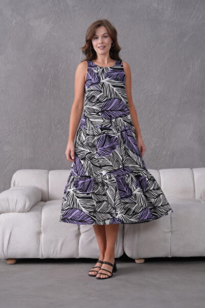 Park Karon Leaf Patterned Flounce Sleeveless Woven Dress