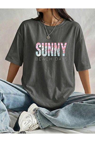 BUWOM تي شيرت نسائي من Sunny مطبوع برقبة دائرية