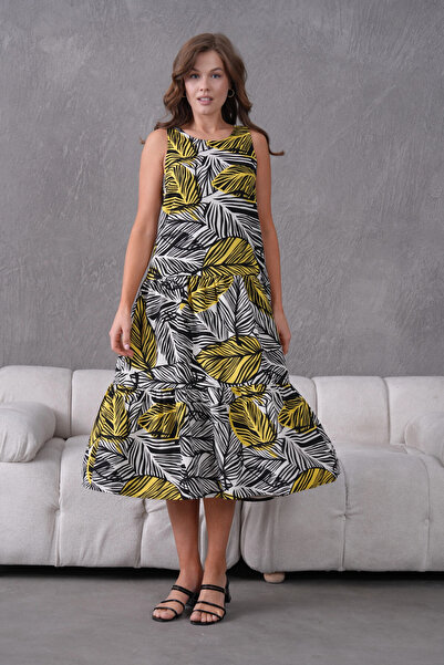 Park Karon Leaf Patterned Flounce Sleeveless Woven Dress