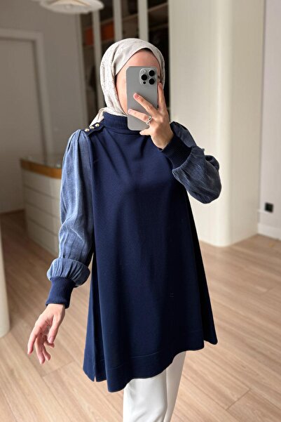 Ka Hijab Omzu Buttoned Half Fisherman Mercerized Tunic - Navy Blue