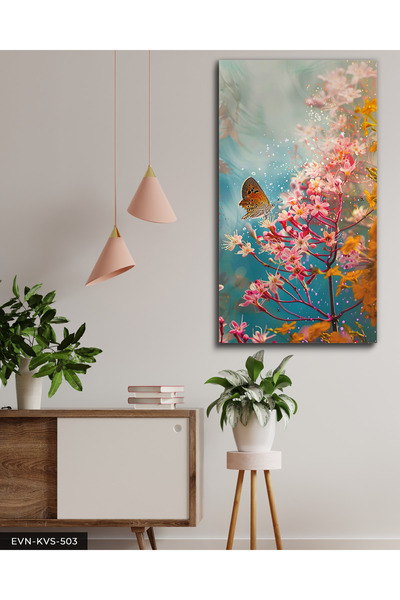 Evinemoda Pembe Çiçek ve Kelebek Tek Parça Kanvas - Canvas Tablo