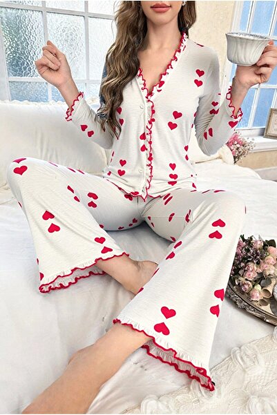 BELLA NOTTE Pembe Kalp Detaylı Fırfırlı Uzun Pijama Takımı