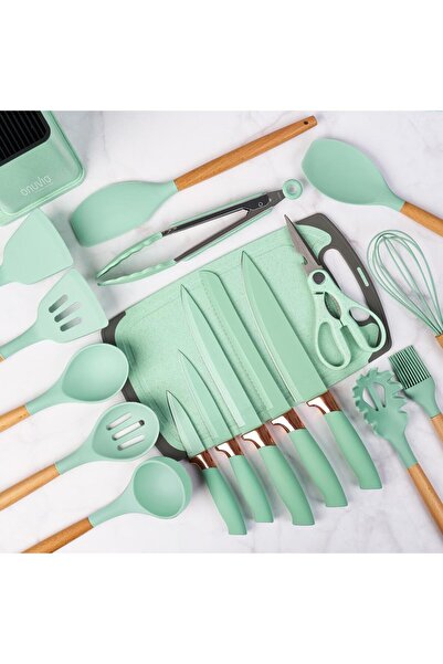 OEM Set 19 ustensile de gătit , Silicon mâner bambus, Termorezistente, suport și tocător, Verde menta