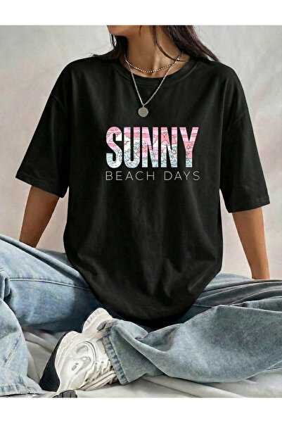 BUWOM Γυναικείο μπλουζάκι με στάμπα Sunny με λαιμόκοψη ποδηλάτου