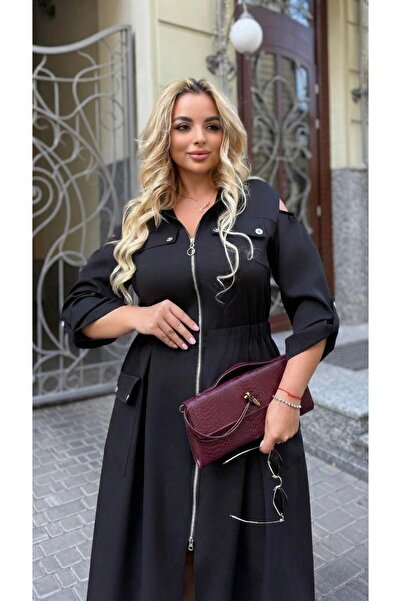 Koza Butik Kadın Büyük Beden Gümüş Fermuar ve Aksesuar Detaylı Elbise 5411- 2026